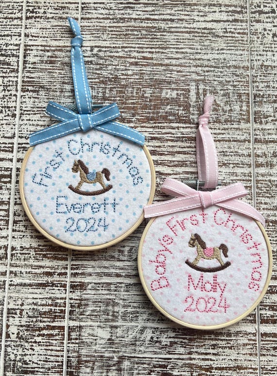 Personalized Baby's First Christmas Ornament, Rocking Horse Ornament, Embroidery Hoop Ornament