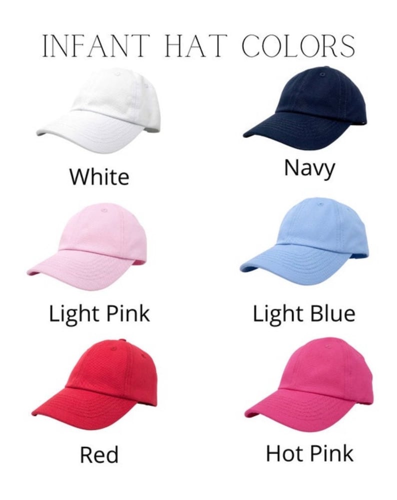 May include: Six infant hats in different colours: white, navy, light pink, light blue, red, and hot pink. The hats are all the same style, with a curved brim and a small logo on the front.