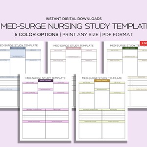 May include: Five printable study templates for medical-surgical nursing students. Each template has a different colour scheme: blue, pink, green, yellow, and brown. The templates are divided into sections for different topics, such as basic concepts, medications, and nursing interventions.