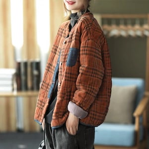 Women Plaid Corduroy Winter Coat  Loose Fitting Padded Coat Vintage Short Outerwear Boho Warm Jackets