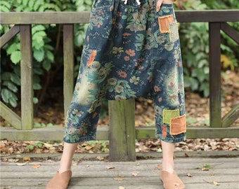 Women Floral Denim Pants Oversize Trousers Jeans Retro Lantern Casual Pants Meditation Loose Wide Leg Cropped Pants With Pockets