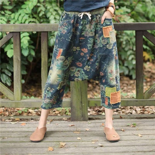 Women Floral Denim Pants Oversize Trousers Jeans Retro Lantern Casual Pants Meditation Loose Wide Leg Cropped Pants With Pockets