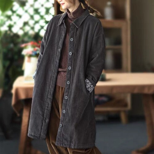 Thick Corduroy Long Shirt Oversized Warm Dress Corduroy Blouses Coat 90s Clothing Winter Corduroy Trench Coat Handmade Blouse