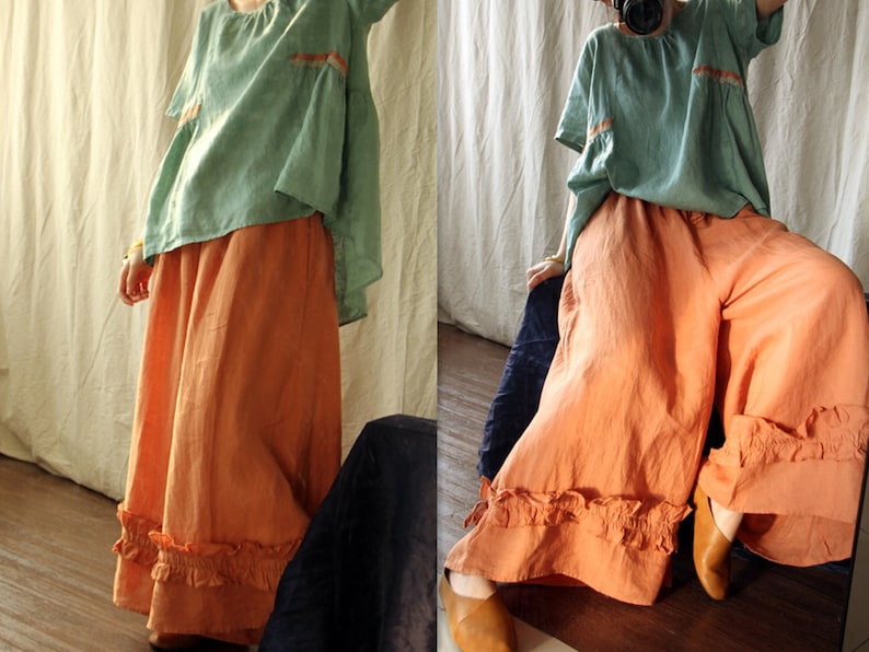 Women Linen Wide Leg Pants Loose Blue Maxi Pants Plus Size Long Pants Black Ladies Trousers Summer Boho High Waist Pants
