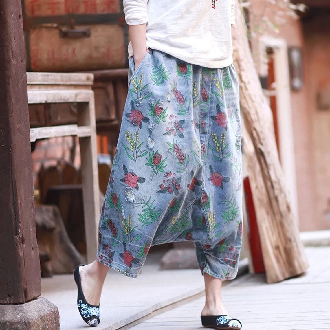 Women Printed Floral Beach Pants Summer Plus Size Cropped Etsy