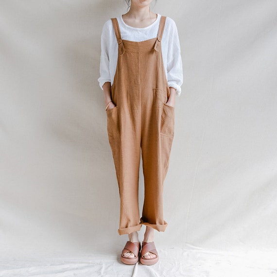 Vintage Linen Overalls for Women, Ladies Petite Jumpsuit With Pocket, Brown  Romper, Handmade Pants, Wide Leg Overalls, Gift for Women 