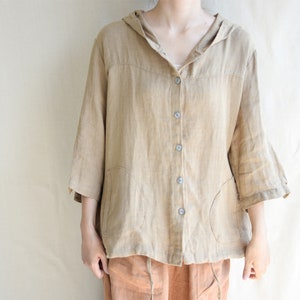 New Design Hooded Shirt Blouse, 3/4 Sleeves Linen Shirt, Vintage Oversized Linen Tops, Personalized Hoodie Tops, Tunic Shirt, Gift For Her