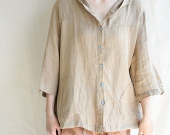 Oversized Linen Hoodie Shirt: Vintage 3/4 Sleeve Blouse