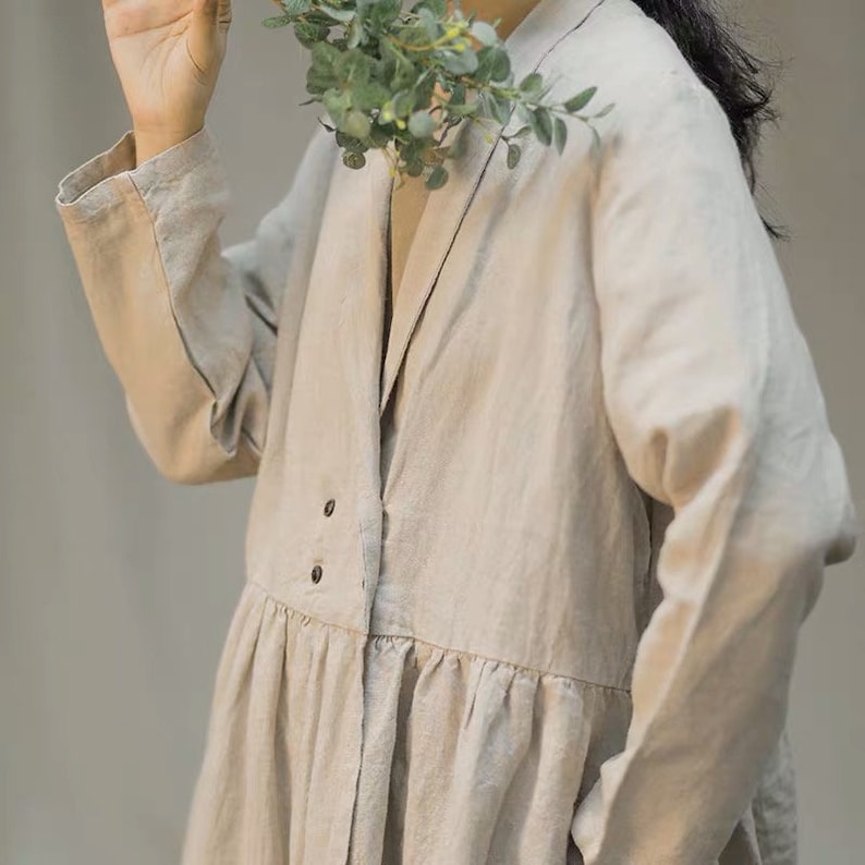 Natural Linen Coat Cardigan Long Sleeves Robes Loose Maxi Dresses Coat Oversized Windbreaker Autumn coat with Pockets Plus Size Duster