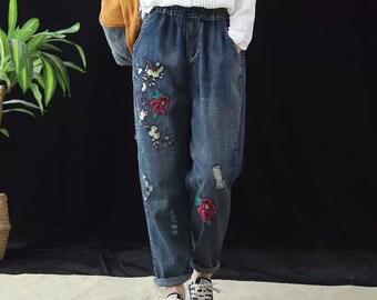 ohyeahrock Vintage Embroidered Floral Jeans, Blue Embroidered Denim Pants, Handmade Boho Jeans, Summer Cropped Pants, Soft Cotton Jeans, Gift for Her