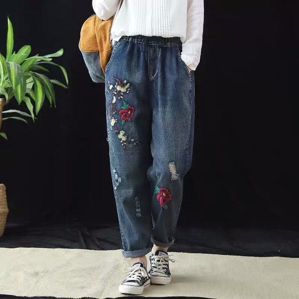 Femmes Brodé Floral Denim Jeans Pantalon Mignon Chat Brodé Denim Pantalon Denim vintage Mode Culottes Taille Haute Pantalon