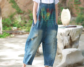 Women Retro Denim Bib Overalls Jeans Jumpsuits and Rompers Ladies