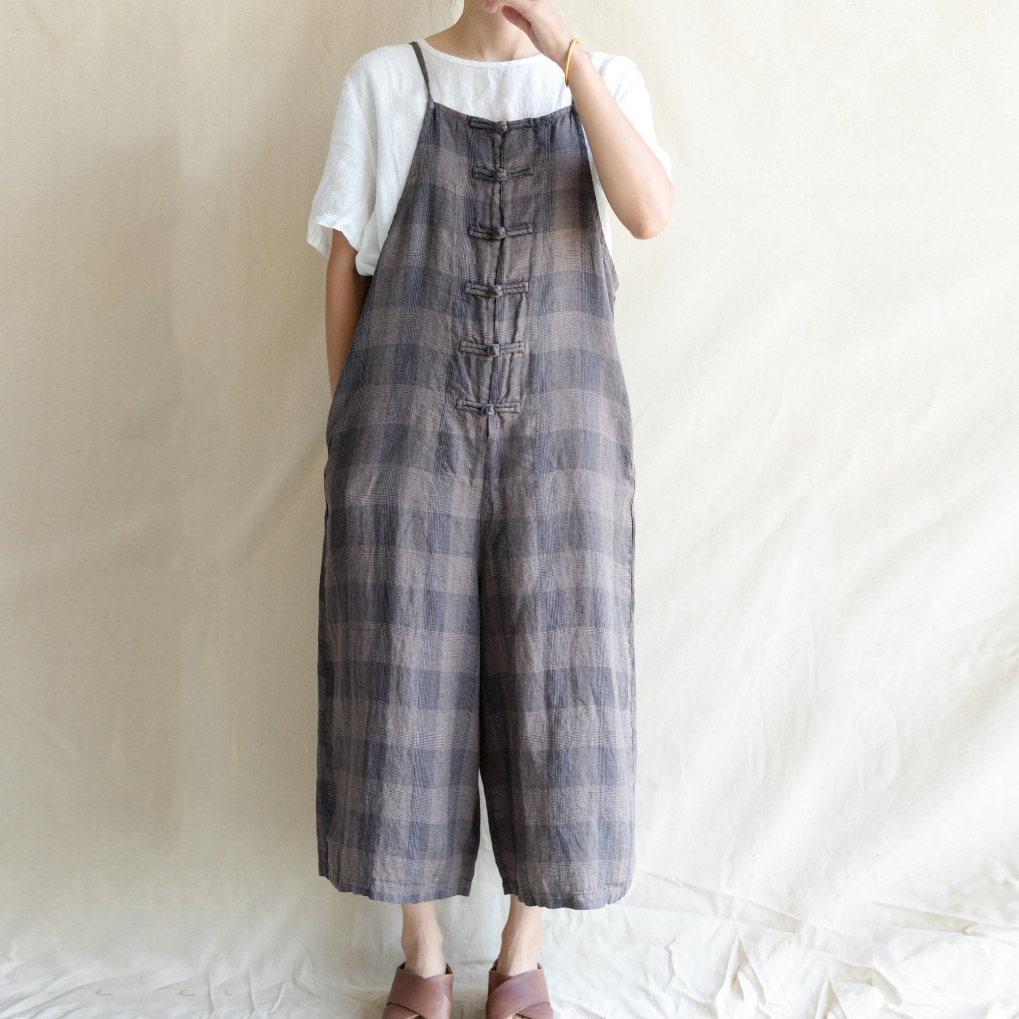 Women 100% Linen Plaid Jumpsuit Overalls Casual Linen Summer Pants Leisure Wide Leg Overalls Made To Measure Gift For Her