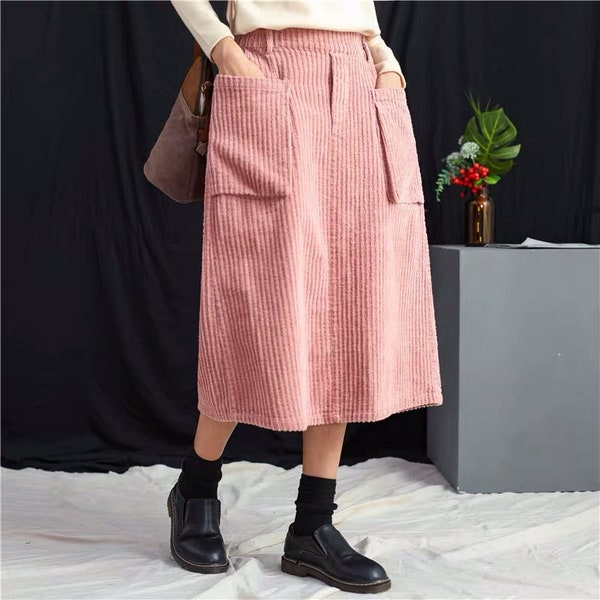 Vintage Corduroy Skirt Soft Cotton Skirts Cord Skirt Women Skirts Handmade Corduroy Skirts Thick Retro Corduroy Skirt with Pockets Her Gift