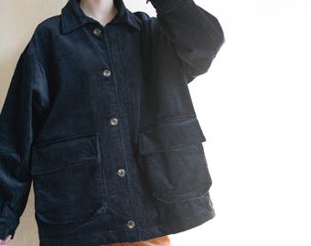 Black Corduroy Oversized Fall Coat, Large Pocket Utility Coat, Warm Retro Cozy Outerwear
