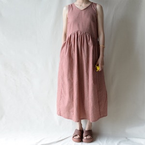 Frauen kariertes Leinen Kleid V-Ausschnitt Leinen Kleid Vintage Prinzessin Maxi Kleid Freizeit Kleid ärmellos übergroßes Kleid Sommerkleid Geschenk für sie
