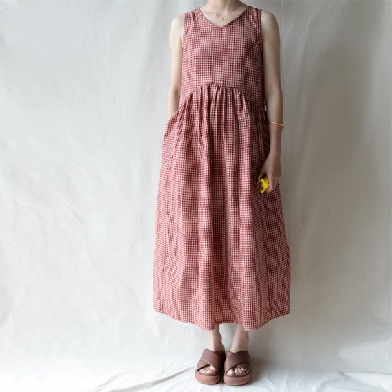 Women Plaid Linen Dress V-neck Linen Dress Vintage Princess Maxi Dress Casual Dress Sleeveless Oversized Dress Summer Dress Gift For Her