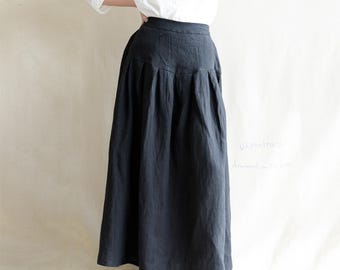 Vintage 100% Linen Maxi Skirt, Women Black A-Line Pleated Skirt with Pockets