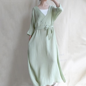 Wrinkled V Neck Summer Kimono Dress with Waist Tie, Breathable Comfortable Casual Day Dress, Mint Wrap Dress, Minimalist Bohemian Dress