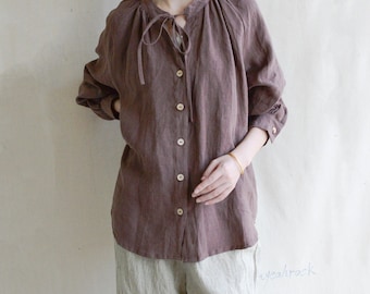 Women Soft Linen Lantern Sleeve Blouse Tops: Vintage Style Pleated Stand Collar Top