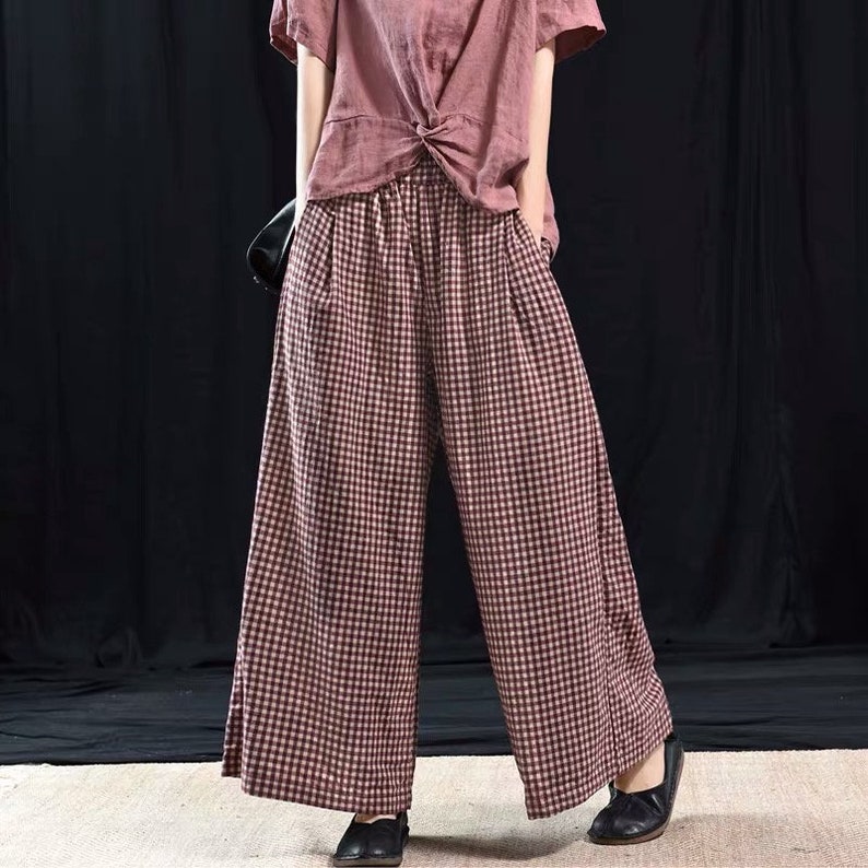 Women Plaid Linen Trouser, Elastic Waist Plaid Pants, Wide Leg Pants, Yoga Linen Trousers, Plus Size Clothing, Streetwear Pants, Freedom image 2