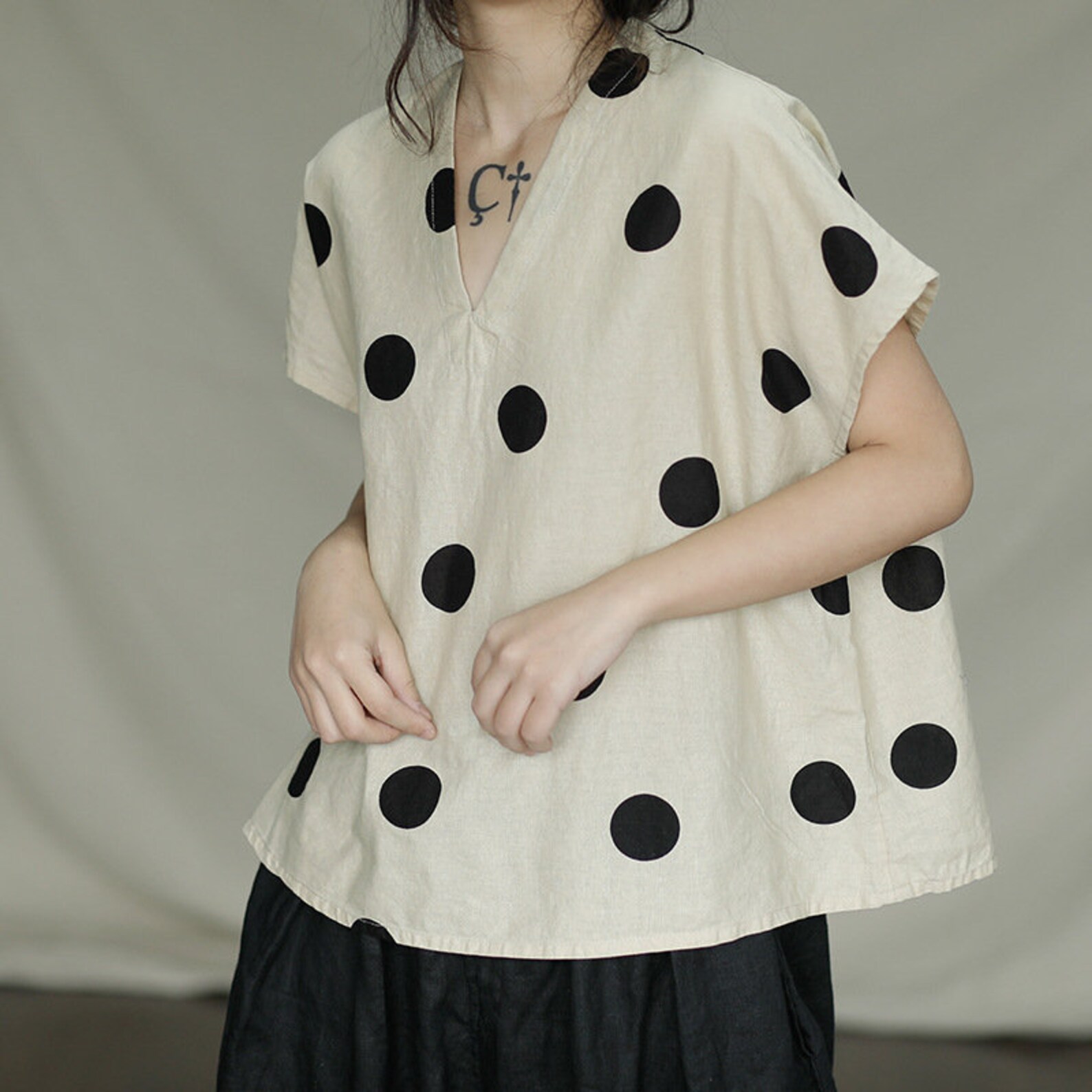 Womens Linen Tops V-neck Blouse Plus Size Tops Polka Dot Shirt - Etsy