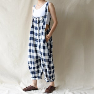 Women Linen Overalls Plaid Jumpsuits Casual Jumpsuit With Buttons Blue Romper Pants Custom Pants Harem Pants Loose Linen Handmade Jumpsuits