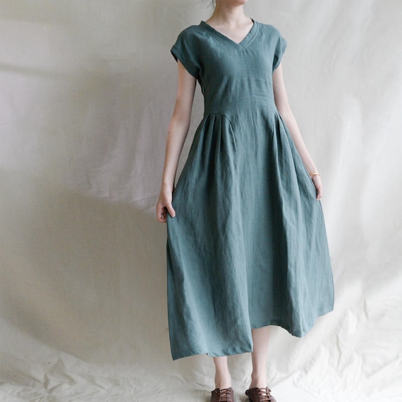 midi loose fitting dresses Linen Midi Dress: V-neck A-line Summer Dress Loose Fitting Dresses