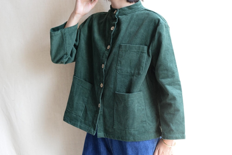 Women Corduroy Coat Jacket Green Big Pocket Jackets Streetwear Coat Wood Button Trench Coat Casual Jacket Handmade Cotton Coat Gifts For Her image 7