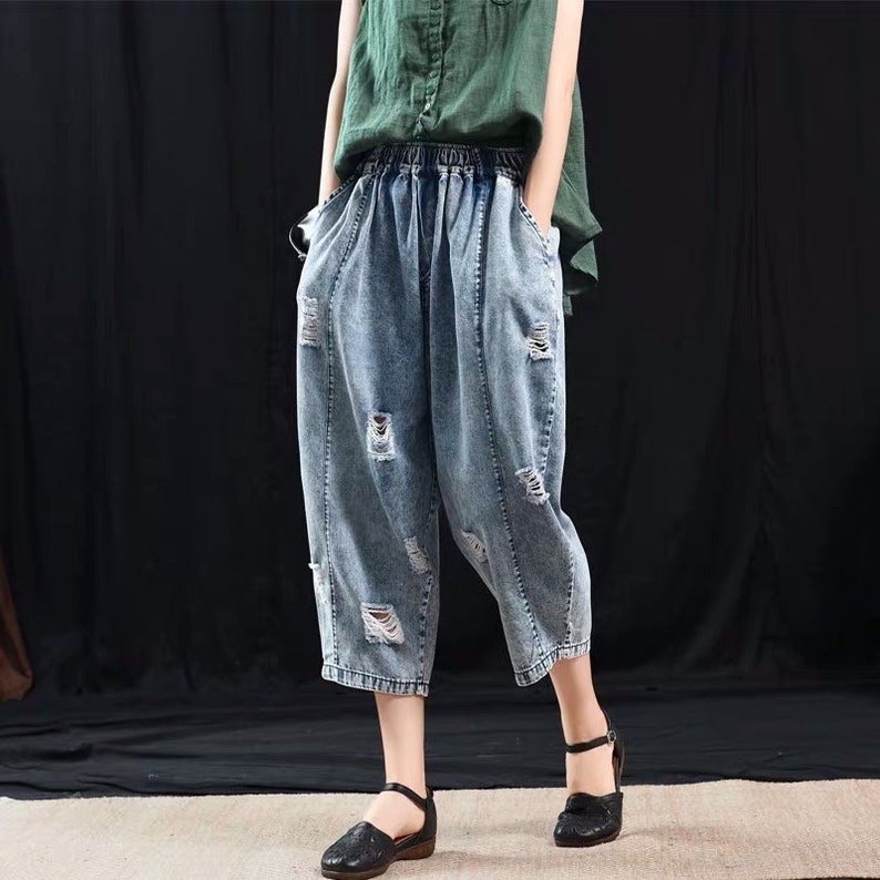 Women Loose Hippie Denim Baggy Pants with Pockets Elastic | Etsy