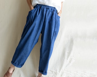 Vintage Blue Denim Pants: Women's Baggy Cotton Jeans, Elastic Waist