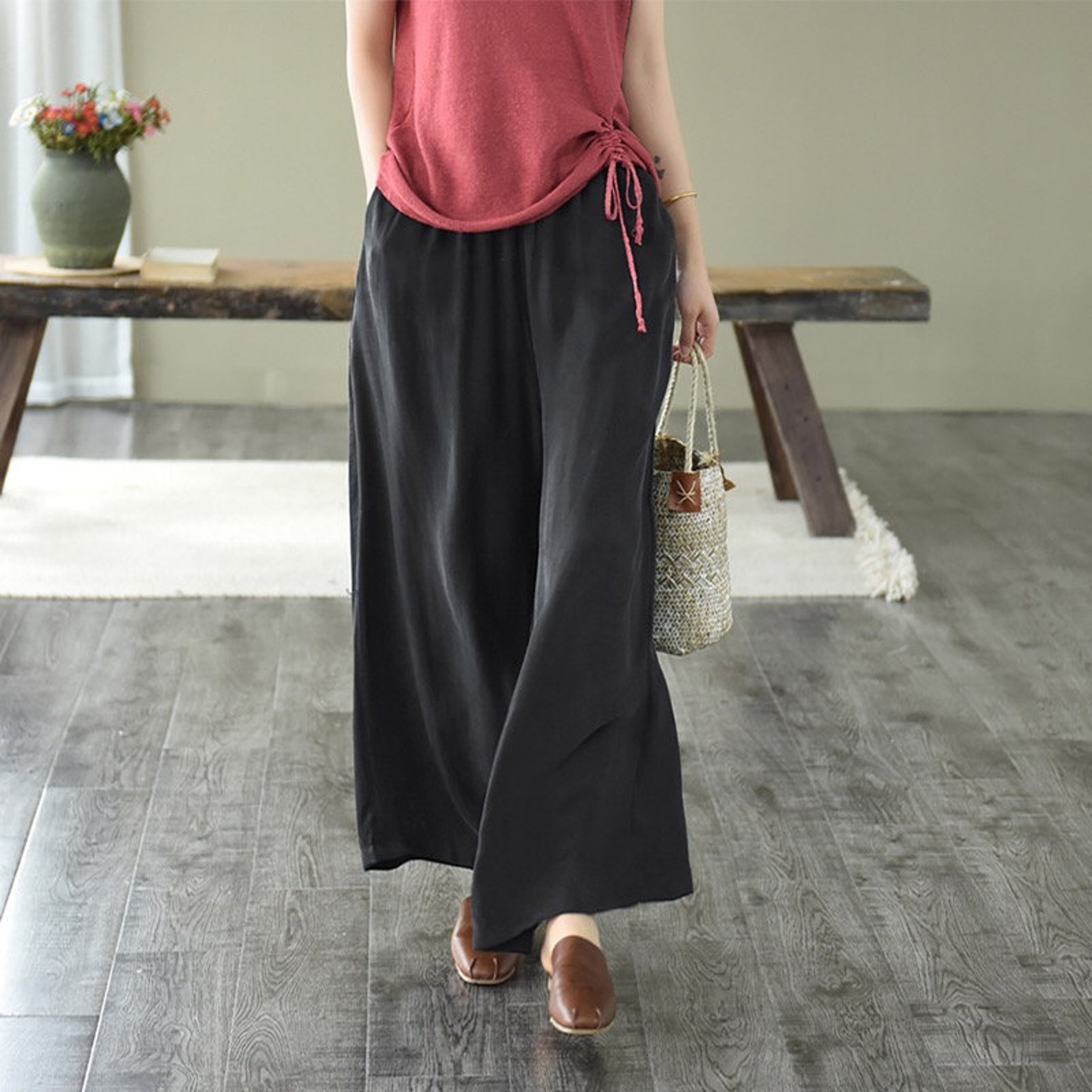 Palazzo Cupro Pants Customized Pants Elastic Waist Flowy - Etsy