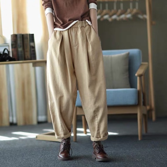 Black Linen Tapered Pants Loose Elastic Waist Trousers Baggy Green Linen  Pants Khaki Lagre Size Cotton Pants Custom Comfortable Pants Women 