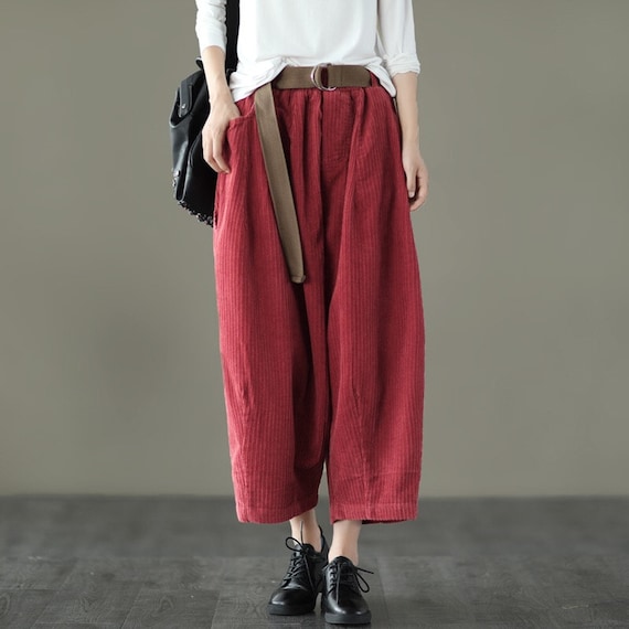 Custom Women Corduroy Pants Loose Fitting Trousers Pleated