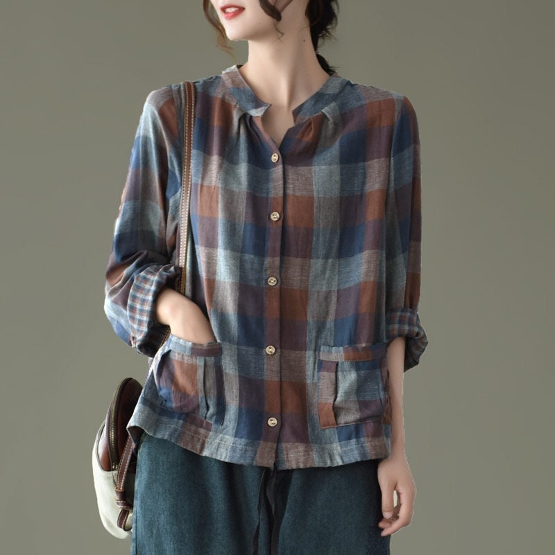 Women Plaid Linen Shirt Vintage Linen Tops Classic Plaid - Etsy