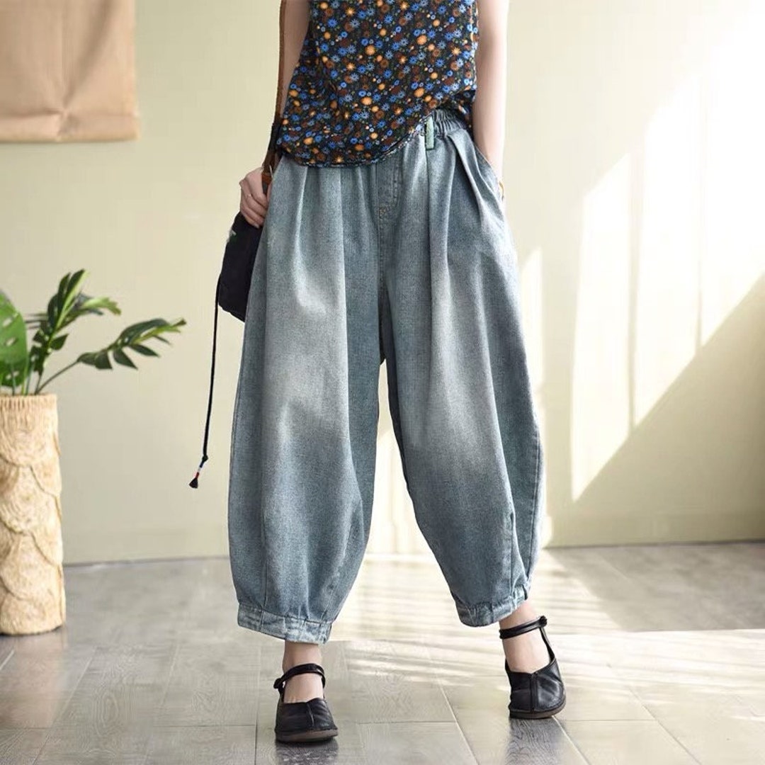 Women Baggy Elastic Waist Pants Spring Loose Demin Pants - Etsy Israel