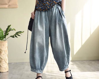 Femmes Baggy Elastic Waist Pants Spring Loose Demin Pants vintage Plus Taille Pantalons Jeans Palazzo Pantalons Nouveau