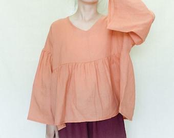 Oversized Linen Crop Top, Puff Sleeves V Neck Blouse, Boho Linen Tunic For Women