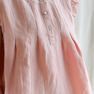 Boho Pink Linen Ruffle Top, Ruffle Sleeve Round Neck Top, Handmade Natural Fabric Women's Top, Lightweight Linen Button Front Pleated Blouse