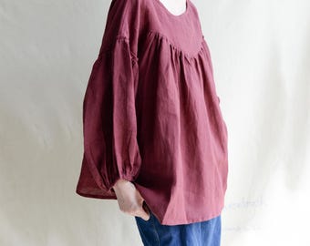 Vintage Loose Fit Linen Blouse: Puff Sleeve Boho Top