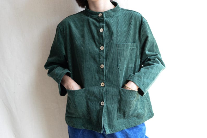 Women Corduroy Coat Jacket Green Big Pocket Jackets Streetwear Coat Wood Button Trench Coat Casual Jacket Handmade Cotton Coat Gifts For Her image 4
