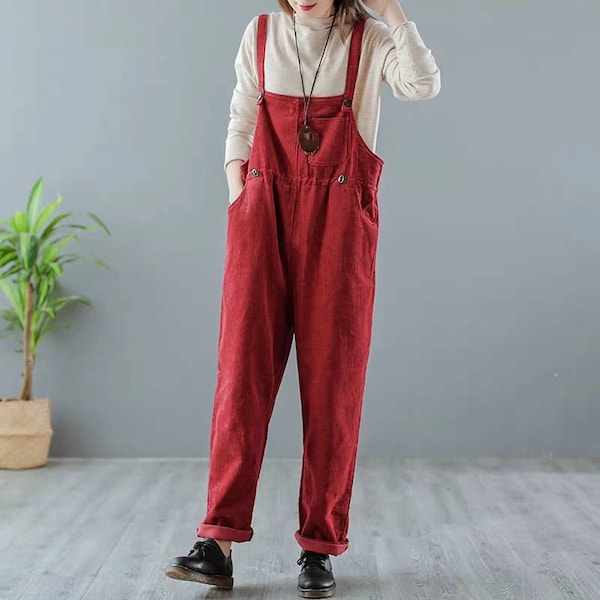 Frauen Casual Cord Overalls Large Size Overalls Hosen Mit Taschen Vintage Red Übergroße Overall Cord Pluderhosen