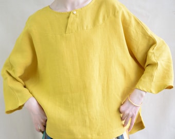 Soft Linen Blouse Top: Oversized Bat Sleeve, Made To Order