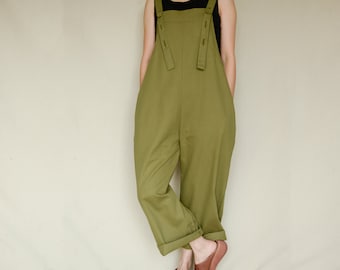 Women Loose Cotton Overalls Gray Jumpsuits Custom Made Classic Overalls With Pockets Green Overalls Pants Jumpsuits Harem Pants Gift For Her