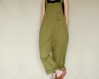 Women Loose Cotton Overalls Gray Jumpsuits Custom Made Classic Overalls With Pockets Green Overalls Pants Jumpsuits Harem Pants Gift For Her