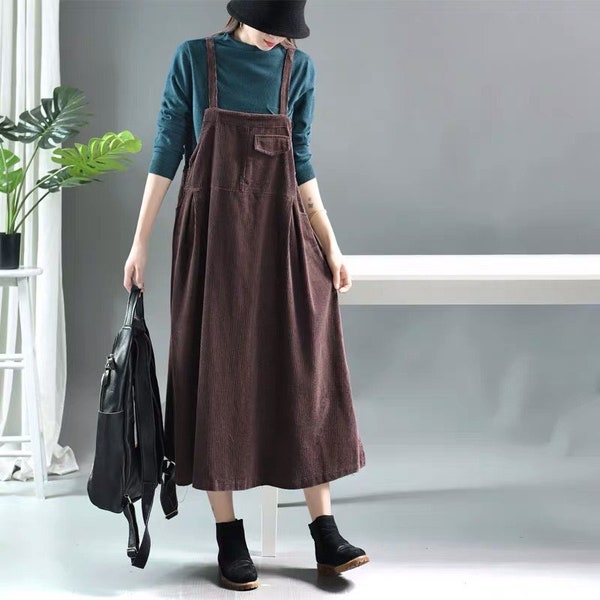 Women Corduroy Dress Casual Loose Dress Roomy Fitting Dress Winter Apron Velvet Dress Autumn Overalls Vintage Comfortable Dress