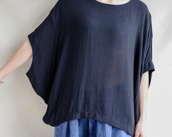 Sheer Linen Blend Blouse: Bat Sleeve Oversized Top