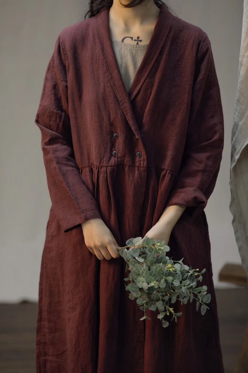 Natural Linen Coat Cardigan Long Sleeves Robes Loose Maxi Dresses Coat Oversized Windbreaker Autumn coat with Pockets Plus Size Duster