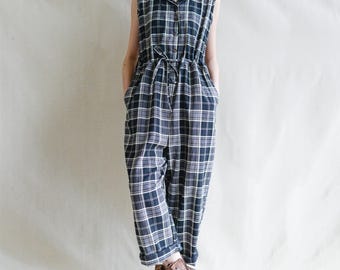 Retro Gingham Cotton Linen Jumpsuit, Sleeveless Plaid Romper with Pockets