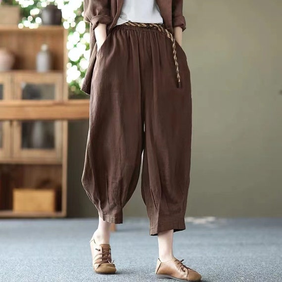 Large Size Women's Casual Pants, Retro Loose Pants, Cotton and Linen  Trousers, Elastic Waist Women's Trousers, Larp Pants, Black Pants 